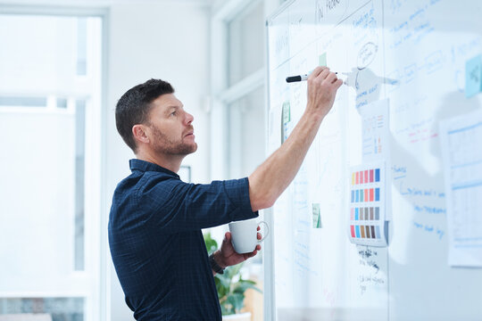 Man, writing and coffee in office for brainstorming with whiteboard, thinking and planning for day ahead or creative tasks. Project manager, ideas and thoughts for campaign schedule and goal setting.