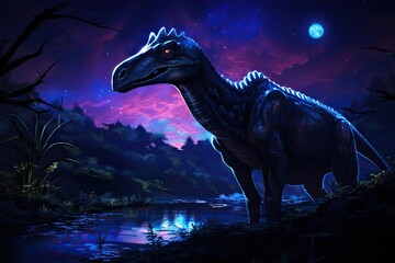 Glowing ethereal blue patterned dinosaur A night scene with a glowing Bioluminescent Parasaurolophus