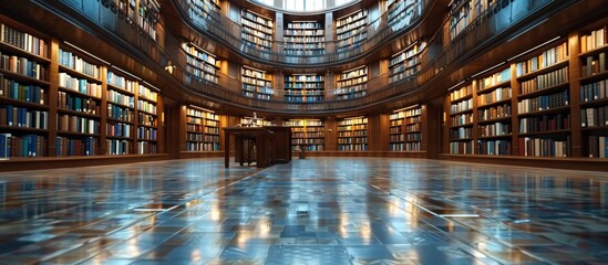 Fototapeta premium Grand Circular Library with Wooden Shelves and Reflective Floor Illuminated by Natural Light