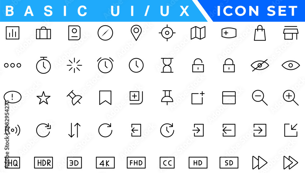Poster basic ux/ui icons, web & app desogm icon set. ui ux line icon, user interface iconset collection.