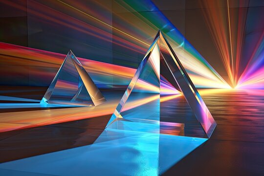 Glowing prismatic triangular prisms An illustration of the laws of reflection and refraction in optics