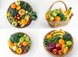 Fruit and vegetable basket with different types of organic produce including broccoli, green vegetables, fruits like apples, oranges, grapes, bananas, corn on white background