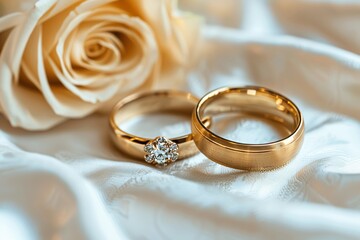 Close up of two gold wedding rings on white silk with elegant white rose background