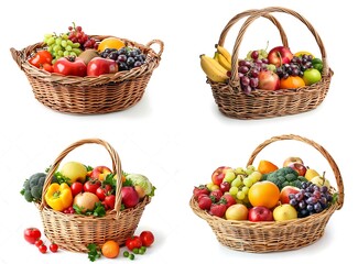 Fruit and vegetable basket with different types of organic produce isolated on white background, stock photo