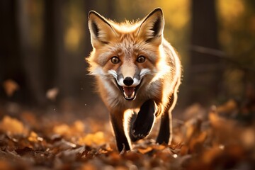Fototapeta premium Alert russet fox in autumnal woods A playful and agile red fox in the forest