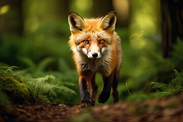 Obraz premium Alert russet fox in autumnal woods A playful and agile red fox in the forest