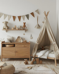 Pastel balloons drifting amidst fluffy clouds and twinkling stars. kids toys and decorative clouds on the floor, and place a cheerful teddy bear.