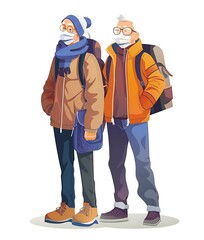 Full body illustration of two elderly people wearing face masks and backpacks, standing in the city with flat design style, vector graphic logo, white background, purple blue color scheme, simpl
