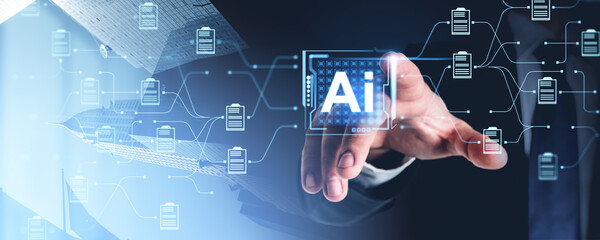 Man finger touch AI document management system hologram, skyscrapers