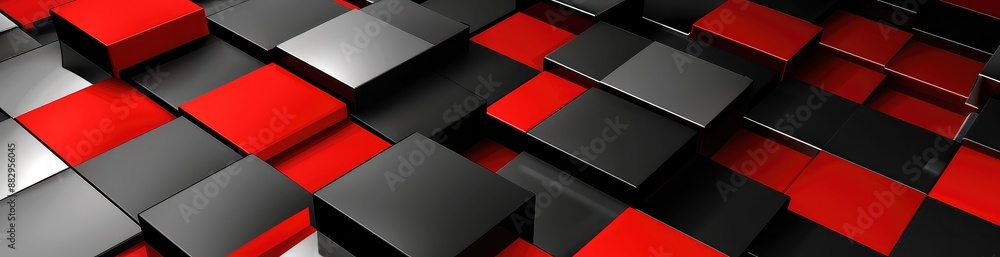 Wall mural 3d rendering of glossy black and red cubes with a reflective surface