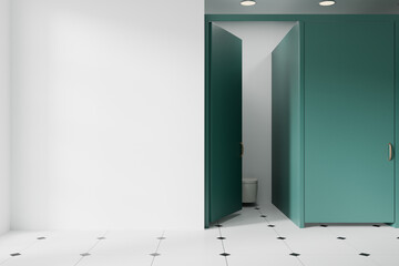 Green public bathroom interior toilet cubicles and opened door, mock up wall