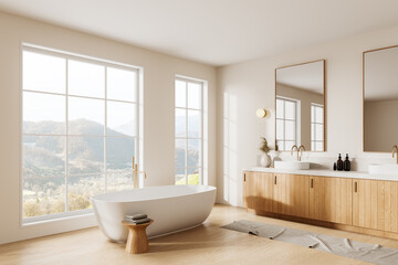 Elegant hotel bathroom interior with double sink and bathtub, panoramic window