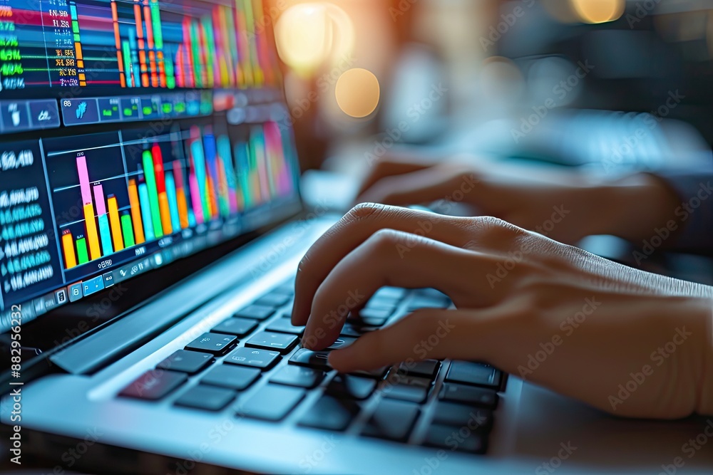 Leinwandbilder busy hands on a laptop with financial charts close-up of hands typing on a keyboard multiple data gr