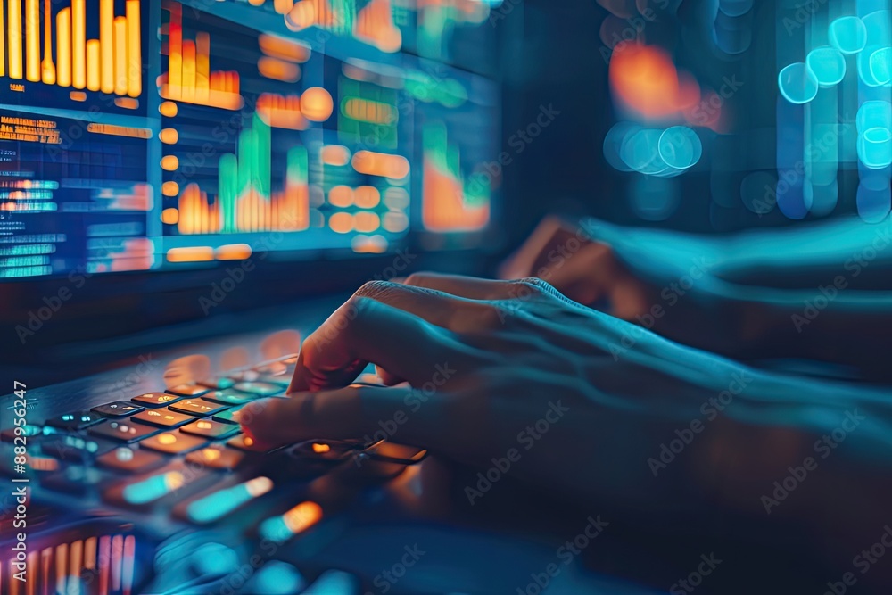Poster busy hands on a laptop with financial charts close-up of hands typing on a keyboard multiple data gr