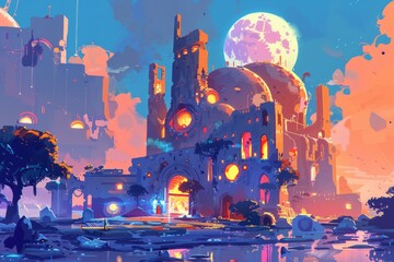 Obraz premium Futuristic cityscape with vibrant colors and a large moon