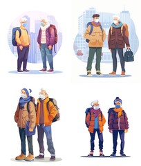 Full body illustration of two elderly people wearing face masks and backpacks, standing in the city with flat design style, vector graphic logo, white background, purple blue color scheme, simple 