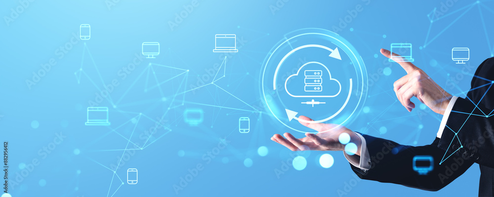 Poster man hands and finger touch cloud service hologram and devices synchronization