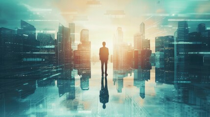Silhouetted figure futuristic city backdrop A double exposure capturing the essence of photography