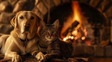 Dog and cat cuddling by a cozy fireplace in a rustic home. A heartwarming moment of love and friendship between the pet duo in a warm, scenic setting.