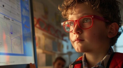 Young boy with red glasses focused on computer screen in classroom, learning and studying. Brightly lit room with educational posters on the wall.