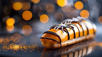 Creepy Delight: Spooky Halloween-Themed Eclair with Spider Icing, Gourmet Pastry Treat for Horror Lovers