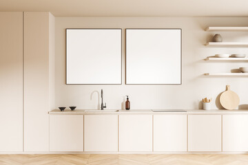 Luxury home kitchen interior with cabinet and kitchenware. Mockup frames