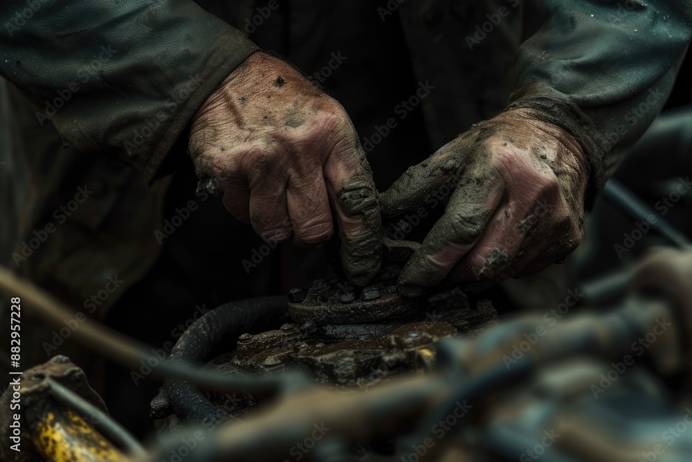 Poster Greasy hands working on machinery Grease-stained hands meticulously tuning an engine the heart of a machine brought back to life