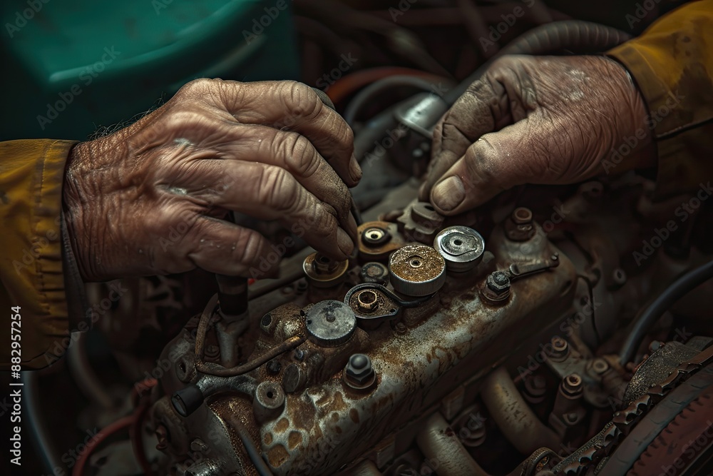 Poster Greasy hands working on machinery Grease-stained hands meticulously tuning an engine the heart of a machine brought back to life