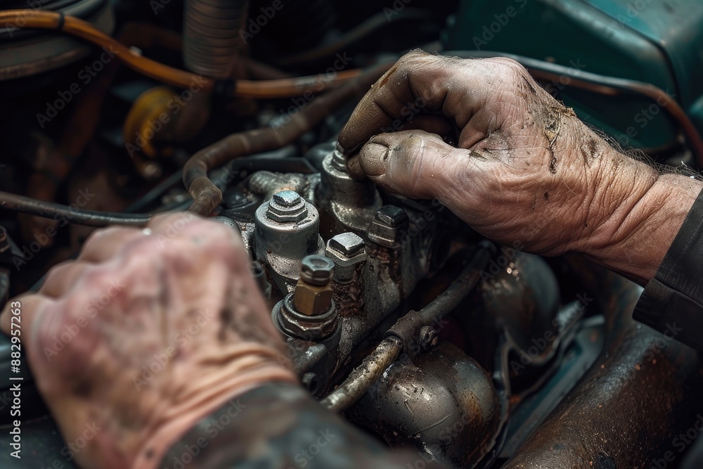 Poster Greasy hands working on machinery Grease-stained hands meticulously tuning an engine the heart of a machine brought back to life
