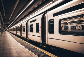 Obraz premium Arriving train in subway subway. Banner, poster, background. With copy space. Everyday life. A way of life.