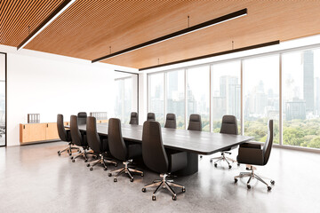 Modern office interior with board and chairs, drawer and panoramic window