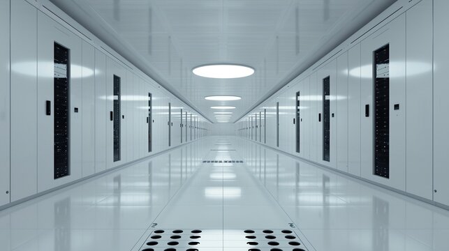 A corporate server room with hightech security measures, biometric access, surveillance cameras, realistic, photorealistic render, high detail, critical infrastructure protection