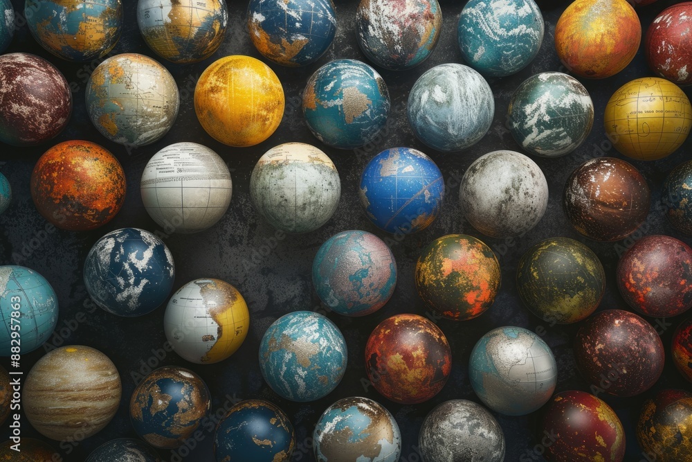 Poster colorful textured spherical objects planets in our solar system represented by spheres of topical wo