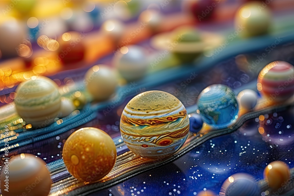 Poster colorful textured spherical objects planets in our solar system represented by spheres of topical wo