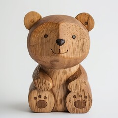 Wooden toy bear on white background