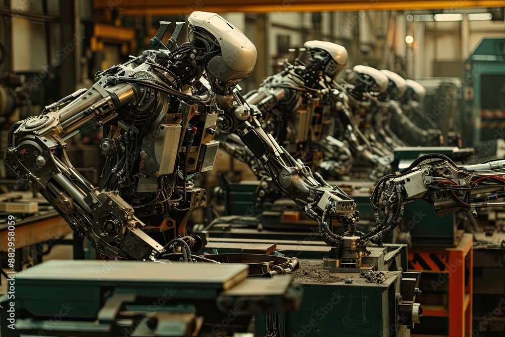 Fototapete metallic industrial robots in factory robotic arms working together in a factory assembly line