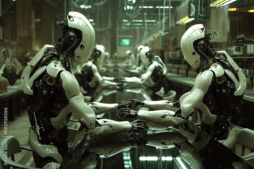 Poster metallic industrial robots in factory robotic arms working together in a factory assembly line