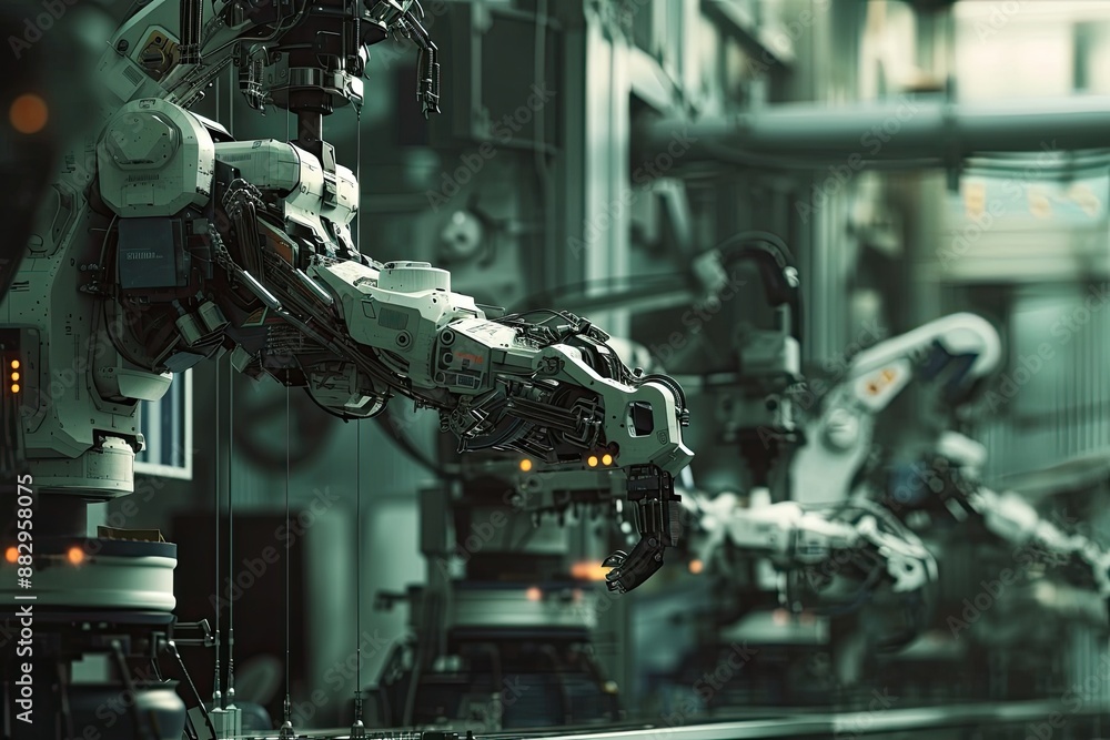 Fototapete metallic industrial robots in factory robotic arms working together in a factory assembly line