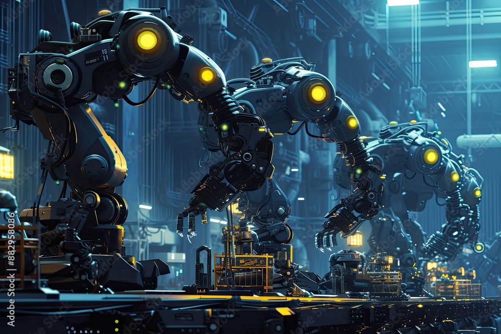 Fototapete metallic industrial robots in factory robotic arms working together in a factory assembly line