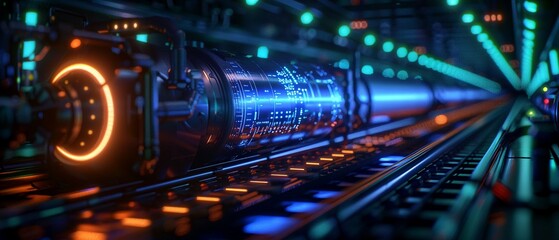 Fototapeta premium Hightech gas transport, sleek modern design, power generation, neon blue and green lights, robotic operations, hyperdetailed, scifi elements, digital art