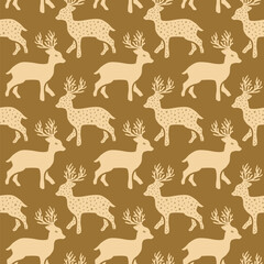 Obraz premium Cute Beige Hand drawn Retro Seamless pattern with Christmas deer animals for Textile Designs or Wallpapers