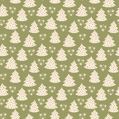 Green Cute Hand drawn Retro Seamless pattern with Christmas Trees or Pine Tree Forest for Textile Designs or Wallpapers