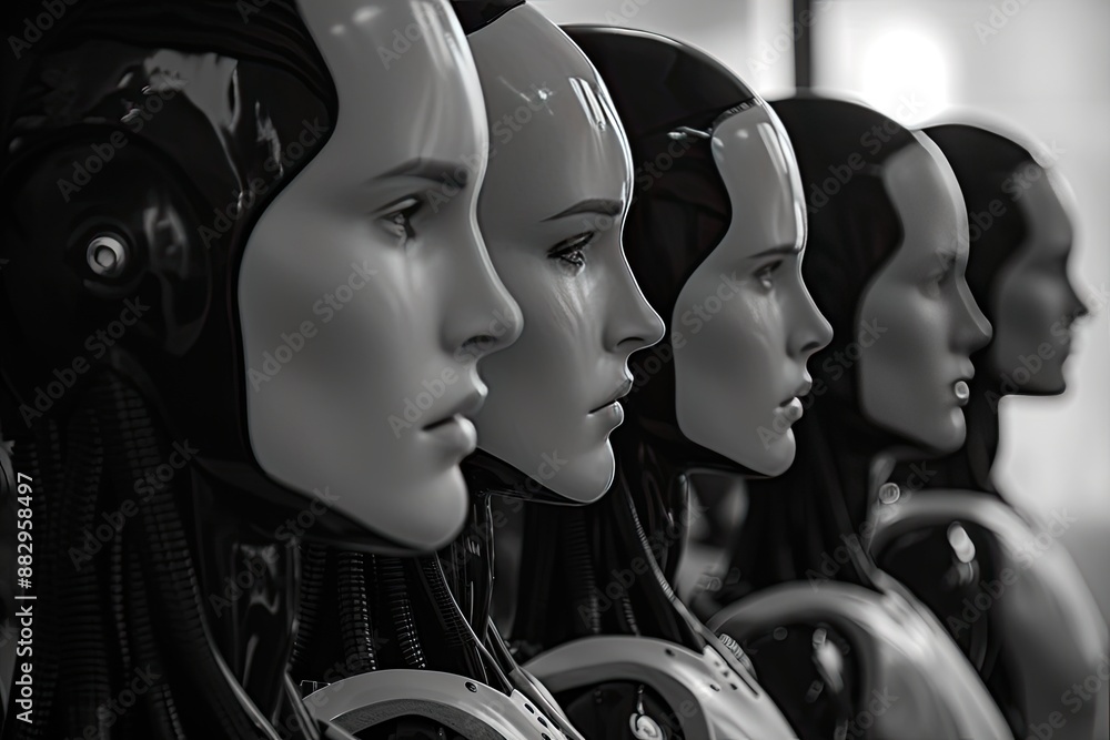Poster futuristic robotic mannequin heads synthetic humans co-existing with real humans in a futuristic soc