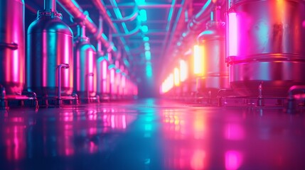 Futuristic liquid refinery, advanced tech, neonlit environment, robotic maintenance, high detail, vibrant colors, cyberpunk design, photorealistic, industrial setting