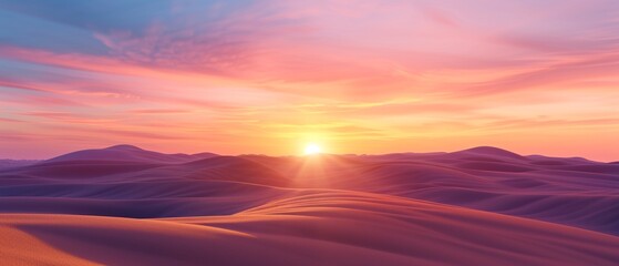 Obraz premium A tranquil desert landscape at sunset, sand dunes casting long shadows, vibrant orange and pink sky, realistic, digital render, high detail, vast open space
