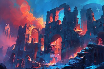 Obraz premium Fantasy landscape of a ruined castle with blue and orange fire