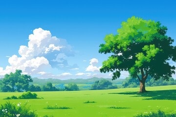 Obraz premium Picturesque rural landscape with lush green fields and a majestic tree under a bright blue sky