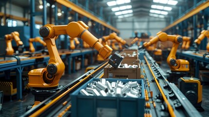Naklejka premium Automated Futuristic Recycling Facility with Robotic Waste Sorting