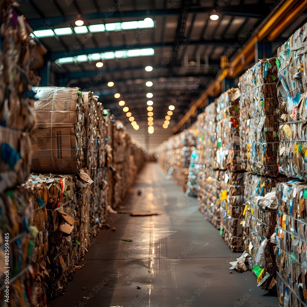 Poster sustainable recycling warehouse packed with sorted recyclable materials for reuse and processing