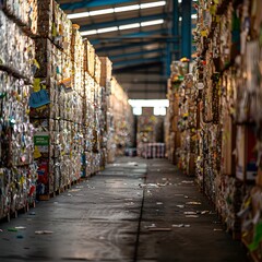 Fototapeta premium Warehouse Filled with Sorted Recyclable Materials for Waste Management and Reuse